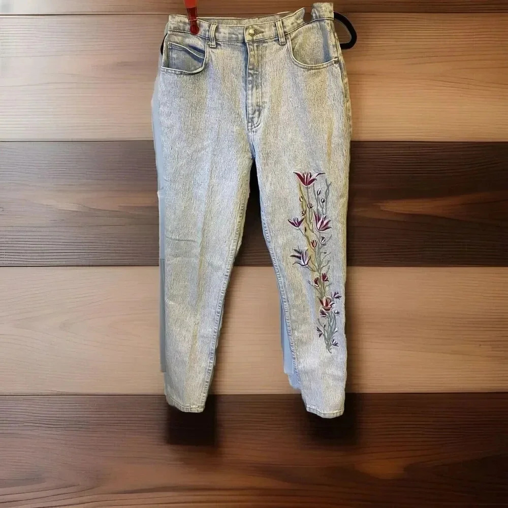 VTG 80s Daily Jeans Wear Your Body Acid Wash HighRise Sz 13/14 Embroidery Floral